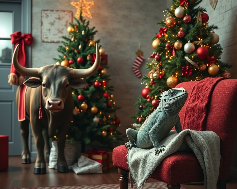 bull, christmas tree, towel, iguana, chair